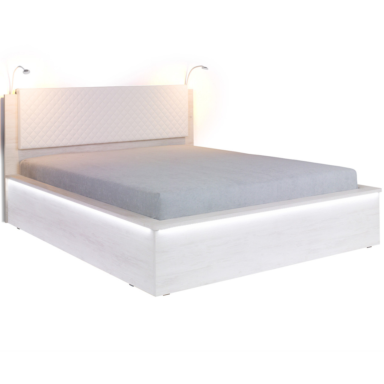 Łóżko 160x200 DENVER DV12 dąb biały / białe pikowania + LED