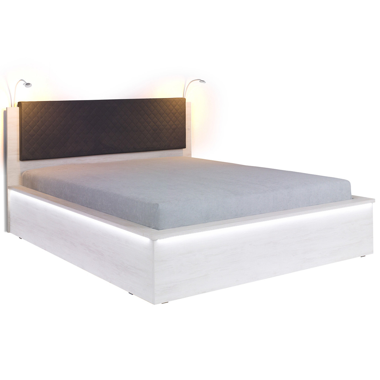 Łóżko 160x200 DENVER DV12 dąb biały / grafitowe pikowania + LED